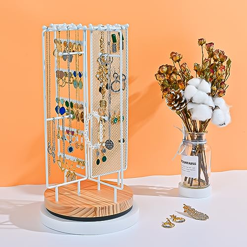 Image of ProCase Rotating Jewelry Organizer Stand Earring Holder Organizer with 28 Necklace Hooks, Jewelry Tree Earring Stand Tower Storage Rack Bracelet Holder, Holds More than 100 Pairs Earrings -White