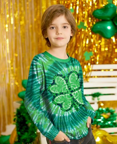 Image of Unisex Kids St. Patrick's Tie Dye Irish Clover Long Sleeve Shirt Shamrock Green Sweatshirt 6-14 Years
