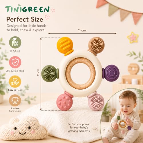 Image of Silicone & Wooden Baby Teether for 0-12 Months