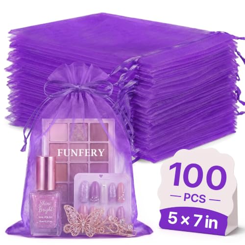 Image of FUNFERY 100PCS Purple Organza Gift Bags 5x7in,Drawstring Pouch for Jewelry