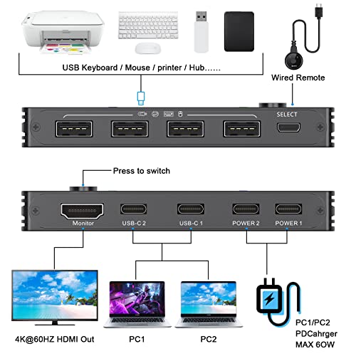 Usb Type-C Kvm Switch 4K@60Hz, 2 Computers Share 1 Monitor And 4 Usb Devices, Compatible With Thunderbolt 3, With 87 W Power Delivery Option, Support Hdmi+Usb+Type-C 3.1 Input #TOP1