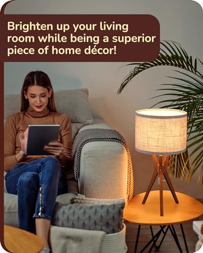 EDISHINE Mid Century Table Lamp Deep Wood Color Light Base Beige Linen Lampshade - Image 7