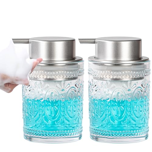 Image of Glass Foaming Soap Dispenser Set - 2 Pack Foam Hand Soap Dispenser for Bathroom, Clear Hand Wash Dispenser Bottle with Matte Silver Pump for Kitchen, 8 Oz Refillable Dish Liquid Foam Dispenser 2 Pcs