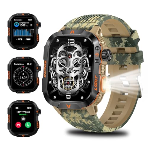 QTLLBT Military Outdoor Watch Altimeter Barometer Compass Tactical Smart Fitness Watch Heart Rate Sleep Monitor 100+ Sport Modes Fitness Available for Android and iOS (Camouflage Yellow)