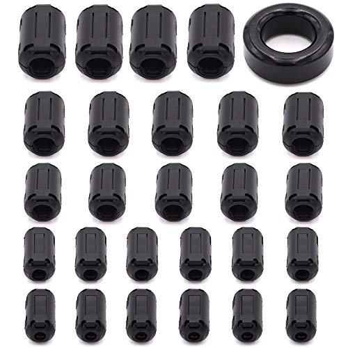 Taigoehua 27 Pieces RFI EMI Noise Suppressor Cable Clip for 3mm/ 5mm/ 7mm/ 9mm/ 13mm Diameter Cable with 40X24X16mm Ferrite Ring Toroid core Iron (Black)