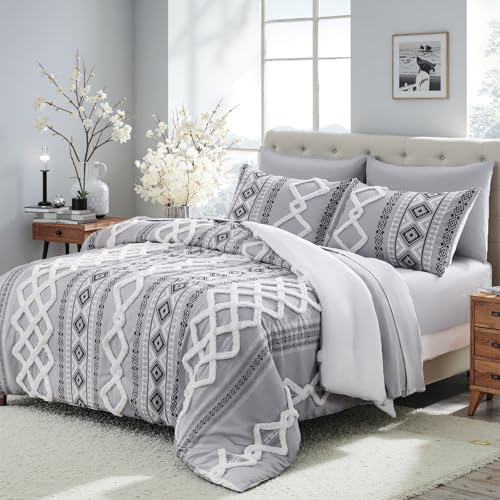 Image of MOVE OVER Gray Tufted Comforter Set Queen Size 7 Pieces Bed in A Bag Farmhouse Bedding Comforter Sets Boho Aztec Sheet Set and Comforter Set Modern Boho Tufted Bedding Set for All Seasons