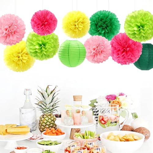 Image of Hawaiian-Summer Pool Party-Decorations Paper-Flowers Lanterns - 15pcs Luau Tropical Beach Tissue Pom Poms Streamers,Birthday Bachelorette Wedding Baby Shower Graduation Hanging Supplies Decor Hugfond