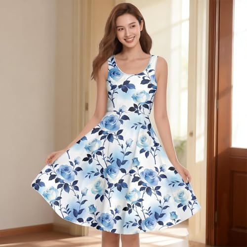 Image of Women's Casual Loose Sundress Midi Sleeveless Crewneck Dress Summer Beach Tank Dress with Pockets