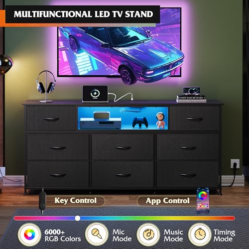 Image of WLIVE LED Dresser TV Stand for 65 Inch TV, 8 Drawers, Black | Fits TVs up to 65 inch, 8 fabric drawers, LED chest of drawers, Built-in power outlet, Living room or bedroom