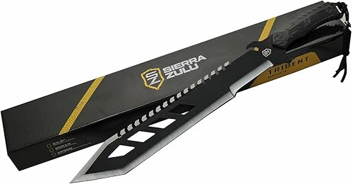 Miniatura 9 de Sierra Zulu Trident Machete - Acero inoxidable, 24.0 pulgadas en general, hoja modificada Tanto con borde trasero de diente de sierra, funda táctica