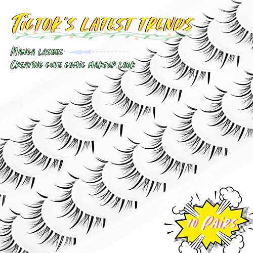 EMEDA Manga Lashes 10 Pair Natural Anime Lashes Transparent Band Reusable Black Polyester & Polybutylene Terephthalate Fibre False Eyelashes (Manga03 - Image 3