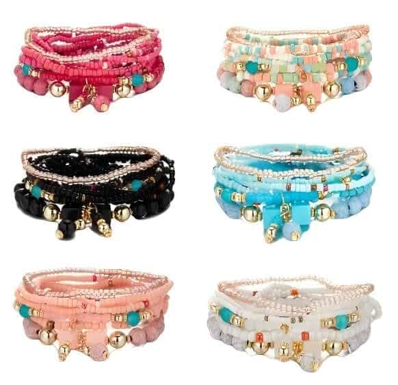 6 Sets Bohemian Stackable Bead Bracelets Multilayered Stretch Bracelet Multicolor Jewelry Sets Boho Pendant Charm Bangles Bracelet Handmade Tassel Strand Bracelet for Women