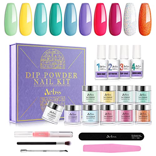 Aubss 21Pcs Dipping Powder Nail Kit - 10 Colors Dip Nail Kit, Spring Summer Dipping Powder Colors Kit, Dip Powder for French Nail Art Nail Manicure Kit Salon DIY Home, No Nail Lamp Needed