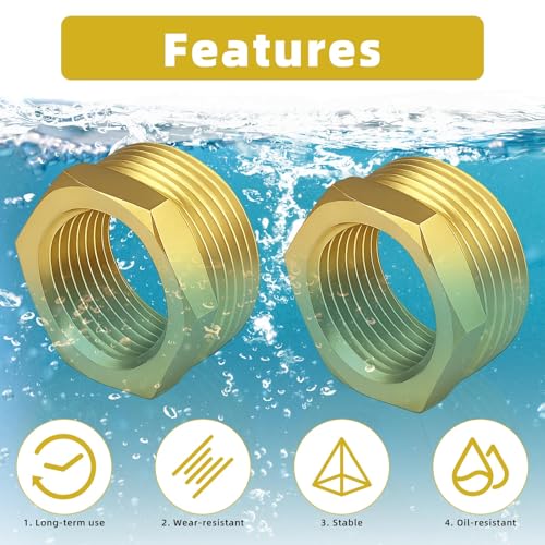 Image of 2pcs 1 Inch to 3 /4 Inch NPT Female Reducer Hex Bushing, Brass Reducing Hex Bushing Heavy Duty Threaded Pipe Fitting Adapter for Plumbing Gas Hydraulic Systems