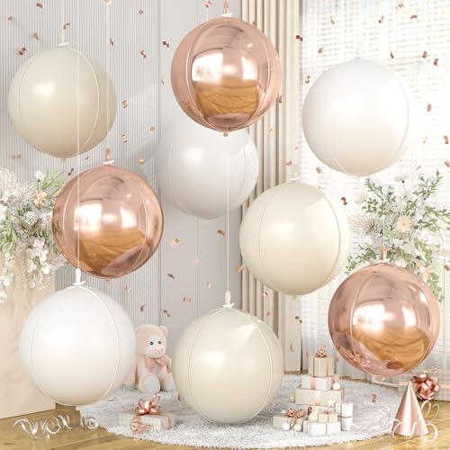 Image of 9 Pcs Cream White Gold Round Foil Balloons,22 Inch Round Balloons | Cream White Gold Giant 4D Round Ball Balloons For Boho Wedding Birthday Bridal Shower Engagement Anniversary Decorations