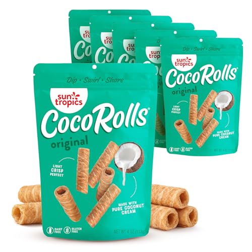 Sun Tropics CocoRolls Original Flavor- 6 count (4 oz each) | Crisp Rolled Wafer Cookies, Coconut Rolls Made With Pure Coconut Cream | Gluten Free & Dairy Free Coconut Wafer Snack