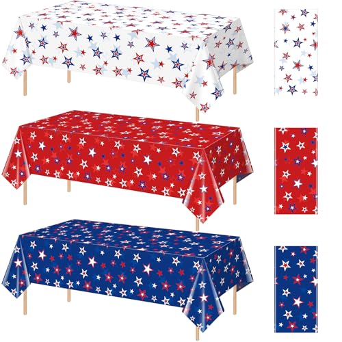 3 Pack 4th of July Memorial Day Tablecloth Decorations, Plastic American Red White Blue Stars Patriotic Table Cloth Disposable Rectangle Table Cover for Independence Day Party Supplies, 54x108 Inch