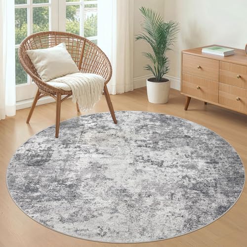 5ft Round Area Rug Living Room Rugs - 5x5 Washable Neutral Modern Abstract Soft Thin Rug Indoor Floor No Slip Rug Carpet for Bedroom Under Dining Table Home Office Decor - Grey