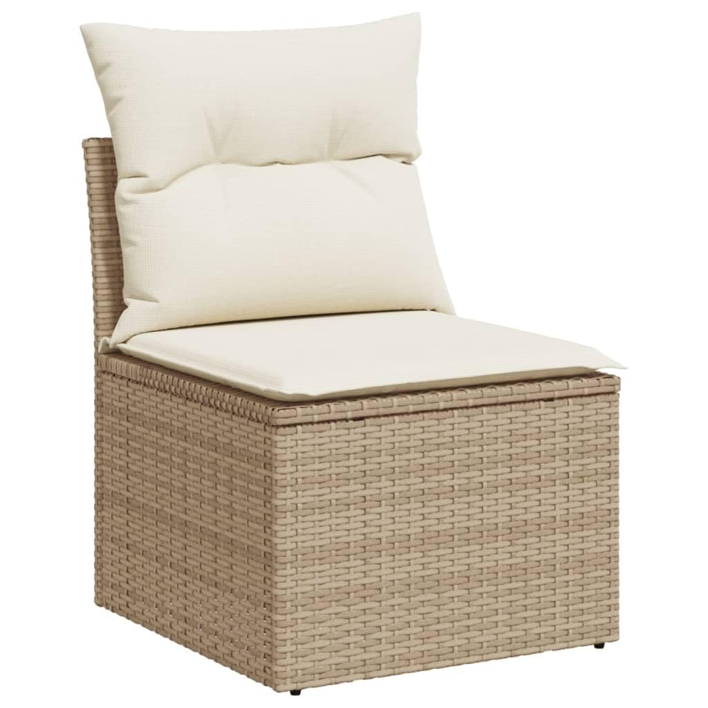 Salon de Jardin 7 pièces Beige en résine tressée avec Coussins modulables, canapé, Fauteuil, Pouf, Table en Acacia, idéal terrasse, Balcon, extérieur, Patio, Confort détente
