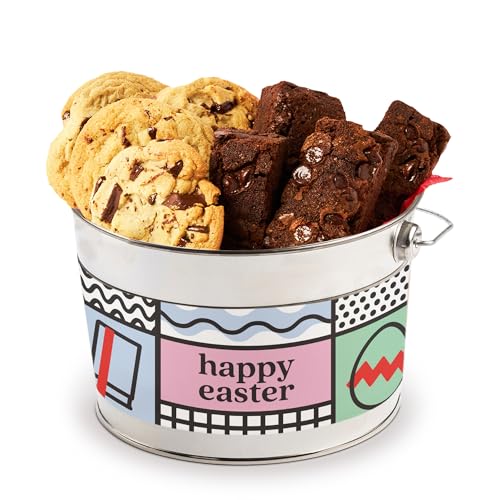 David’s Cookies Easter Cookies And Brownies Bucket Sampler – Freshly Baked Chocolate Chunk Cookies and Chocolate Chip Brownies – Delicious Gourmet Food Gift In a Happy Easter-Themed Bucket 1.3 Lbs