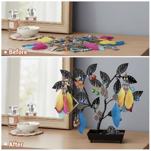 Image of MyGift Jewelry Tree w /Bird Nest 48 pair Earrings Holder, Bracelets /Necklace Organizer Stand (Black Metal)