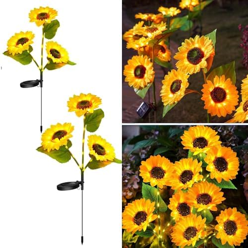 2 Packs of LED Solar Three Head Sunflower Decorative Lights, 2-Mode Outdoor Courtyard Atmosphere Lights, Wireless Waterproof from Dusk to Dawn，Flower Gift Lamp for Ladies. image 4