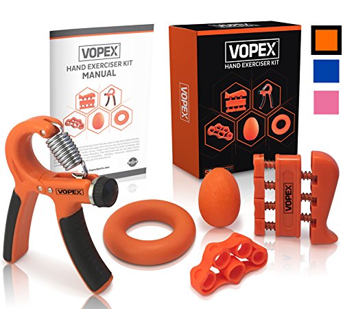 VOPEX Hand Grip Strengthener Exerciser Kit (5 Pack) - Adjustable Hand Grips, Finger Strengthener, Hand Exerciser Grip Ring, Finger Stretcher & Grip Strengthener Ball (Orange)