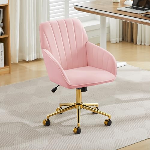 YISHENG Velvet Office Desk Chair with Gold Base with Wheels Modern Height Adjustable 360 Degree Swivel Upholstered Vanity Chairs with Arms for Living Room Bedroom Pink