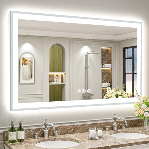 Image of 55x36 Brushed Nickel LED Bathroom Mirror with Lights, Backlit & Front-Lit, Anti-Fog, Framed Lighted Vanity Mirrors for Bathroom Wall, Dimmable, 3 Colors, Memory, Shatter-Proof, Tempered Glass