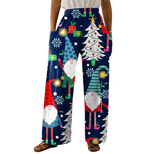 Drucken Weihnachts Frauen lässige Hosen mit großen Taschen modische breite Beinmode für entspannte Outfits in gerader Form (Blue, XXL)