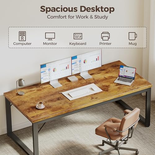 Image of 48 Inch Computer Desk, 1 inch Thick Small Office Table, Brown | Modern Simple Style, Heavy Duty Industrial Frame, Small Study & Writing Table for Home Bedroom Work