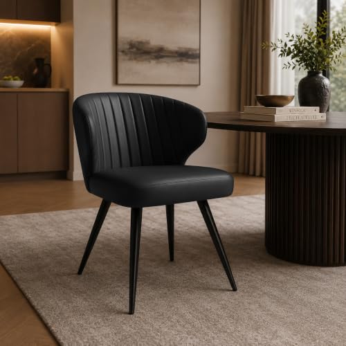 Image of Finch Fox Shree Faux Leather Living Room Dining Chair in Black Color with Black Powder Coated Metal Legs