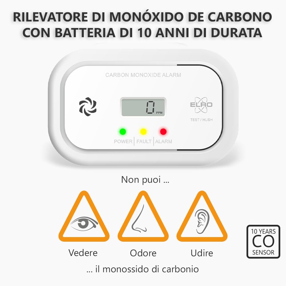 2-Pack ELRO FC5010 Rilevatore di monossido di carbonio con batteria da 10 anni e display – Rilevatore di CO conforme alla norma europea EN50291