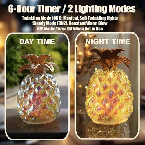 Image of Iridescent Glass Pineapple Light - Battery-Powered LED Lamp with Steady & Twinkling Modes, 6-Hour Timer - Ideal for Tropical Decor & Gifts