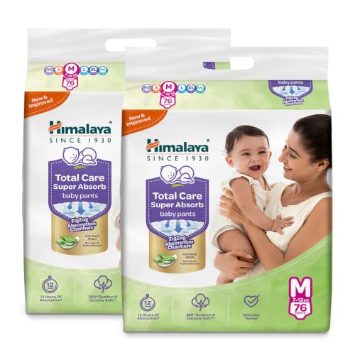 Image of Himalaya Total Care Super Absorb Baby Pants Diaper | Size M (Medium) 152 Count | Pack of 2 | 7-12 kg | Breathable & Rapid Zig Zag Absorption | Keeps Skin Calm & Rash Free