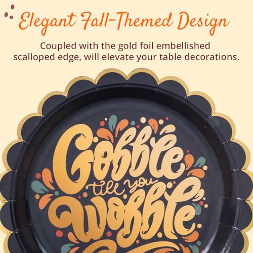 Image of Confettiville Thanksgiving Paper Plates, 50-Count Disposable Thanksgiving Dinner Plates, Scalloped, Party Supplies, Gobble Til' You Wobble