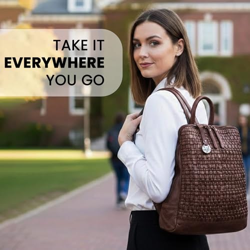Image of 12.5 Inch Genuine Leather Backpack for Women and Men, Brown Leather Backpack with Adjustable Shoulder Strap