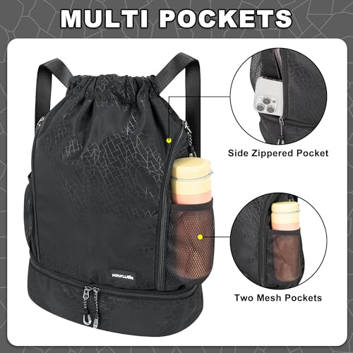 Image of HOLYLUCK Drawstring Backpack Gym Bag with Shoe Compartment for Soccer,Basketball, String Swim Beach Bag for Men Women, Black