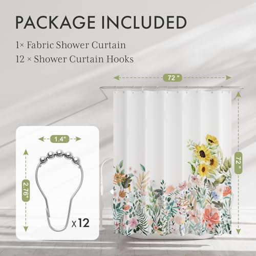 Image of AmazerBath Floral Shower Curtain, Cloth Fall Flower Shower Curtains for Bathroom Decor, Rustic Washable Sunflower Eucalyptus and Leaves Fabric Shower Curtain Sets with 12 Metal Hooks, 72x72 Inches