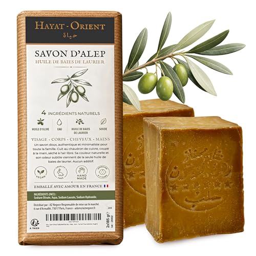 Hayat-Orient Jabón de Alepo Auténtico Tradicional - Pack 2 Jabones 200g Hecho a Mano en Francia - Piel Sensible Atópica Eczema Psoriasis - 4 Ingredientes Naturales Sin Perfume Sin Conservante