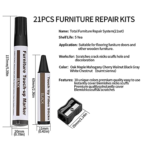 Furniture Repair Kit, 21 Pcs Wood Filler Touch Up Pens Furniture Repair Markers and Wax Sticks with Sharpener for Stains, Scratches, Floors Scratch, Tables, Desks, Carpenters, Touch-Ups Repair