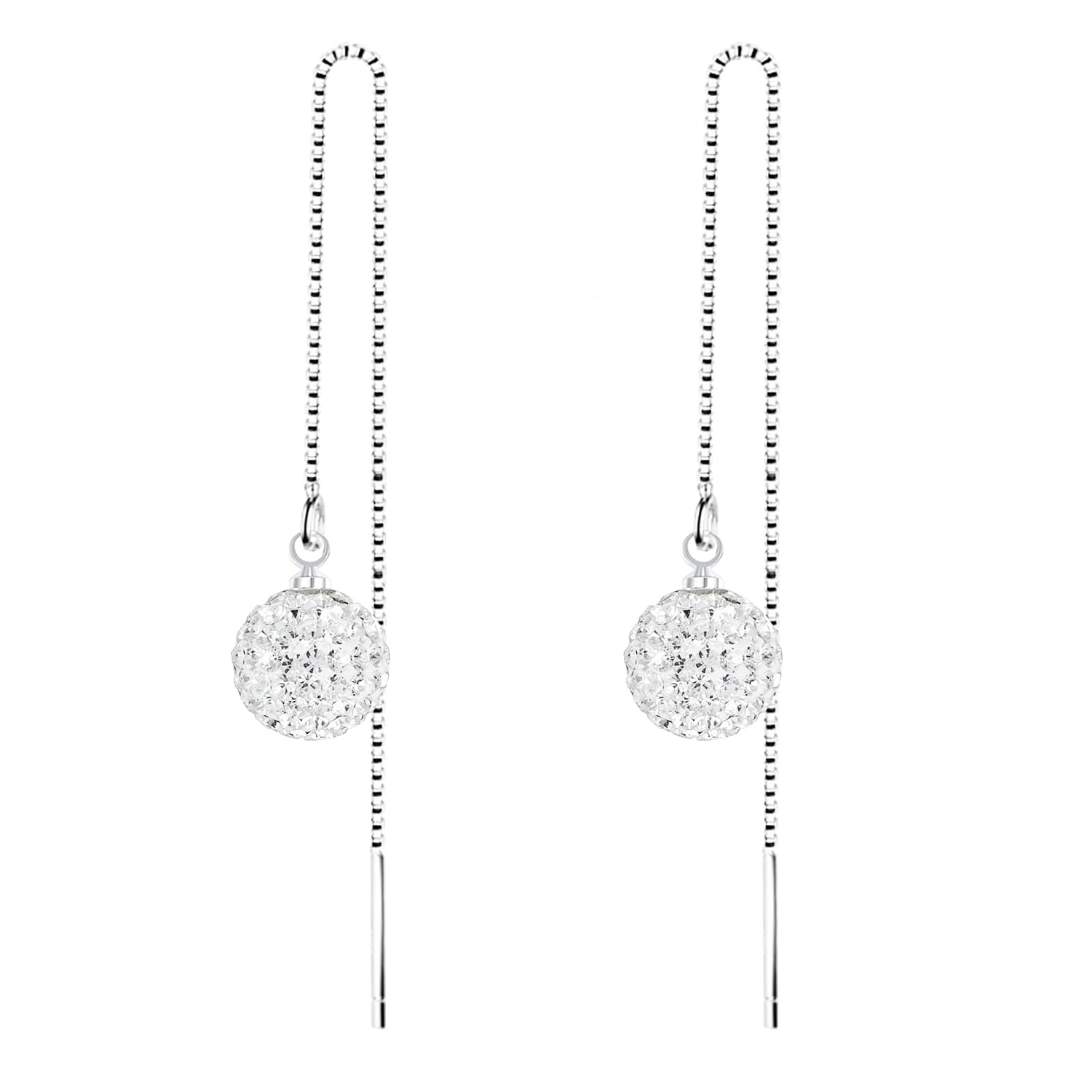 Durchzieher 925 Silber Shamballa Perlen, Damen Perlenohrringe Hängend Glitzer Steine Kugel Ketten zum Durchziehen Brautschmuck Silberohrringe