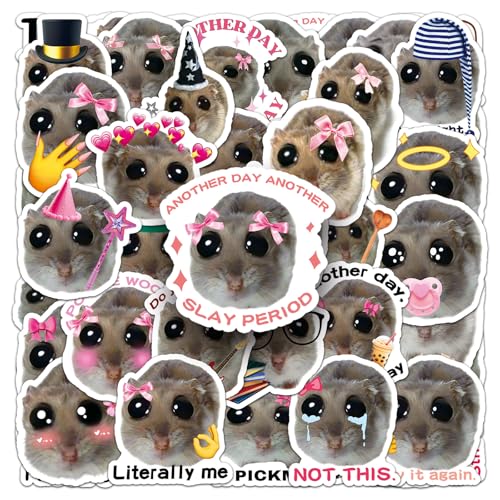 50 Pcs Sad Hamster Meme Stickers Waterproof Vinyl Funny Cute Hamster Decals Viral Aesthetic Stickers for Laptops Phones Water Bottles Luggage