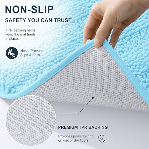 Image of Smiry Thick Chenille Bathroom Rugs 36x24, Extra Soft Absorbent Striped Bath Mat, Machine Washable, Rubber Backing, Bath Rugs for Bathroom, Tub & Shower, Home Decor Accessories, Sky Blue