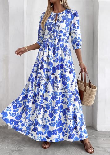 Image of KIRUNDO Maxi Dresses for Women 2026 3 /4 Sleeve Summer Dress | Spring Boho Floral, Drawstring Tie Neck, Loose Fit, Elastic Waist, Pockets, Wedding Guest, Beach Vacation Flowy Long Dress