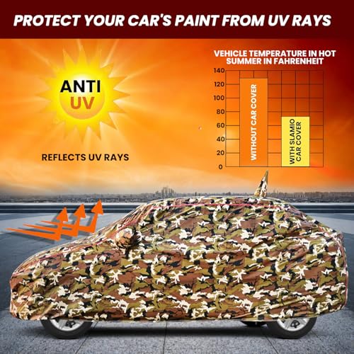 Image of Waterproof Car Body Cover for Ford Ecosport (2018-2026) with Mirror Pocket, Soft Cotton Lining, Triple Stitched, Full Bottom Elastic (Heat Resistant Jungle Print with Red Piping)