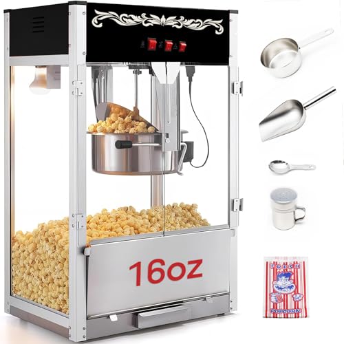 PopBria Commercial Popcorn Machine, Authentic 16oz Kettle Countertop Popcorn Maker with Waming Deck, 1600W Large Popcorn Machine for Restaurant, Concession Stand, Carnival, School, Black