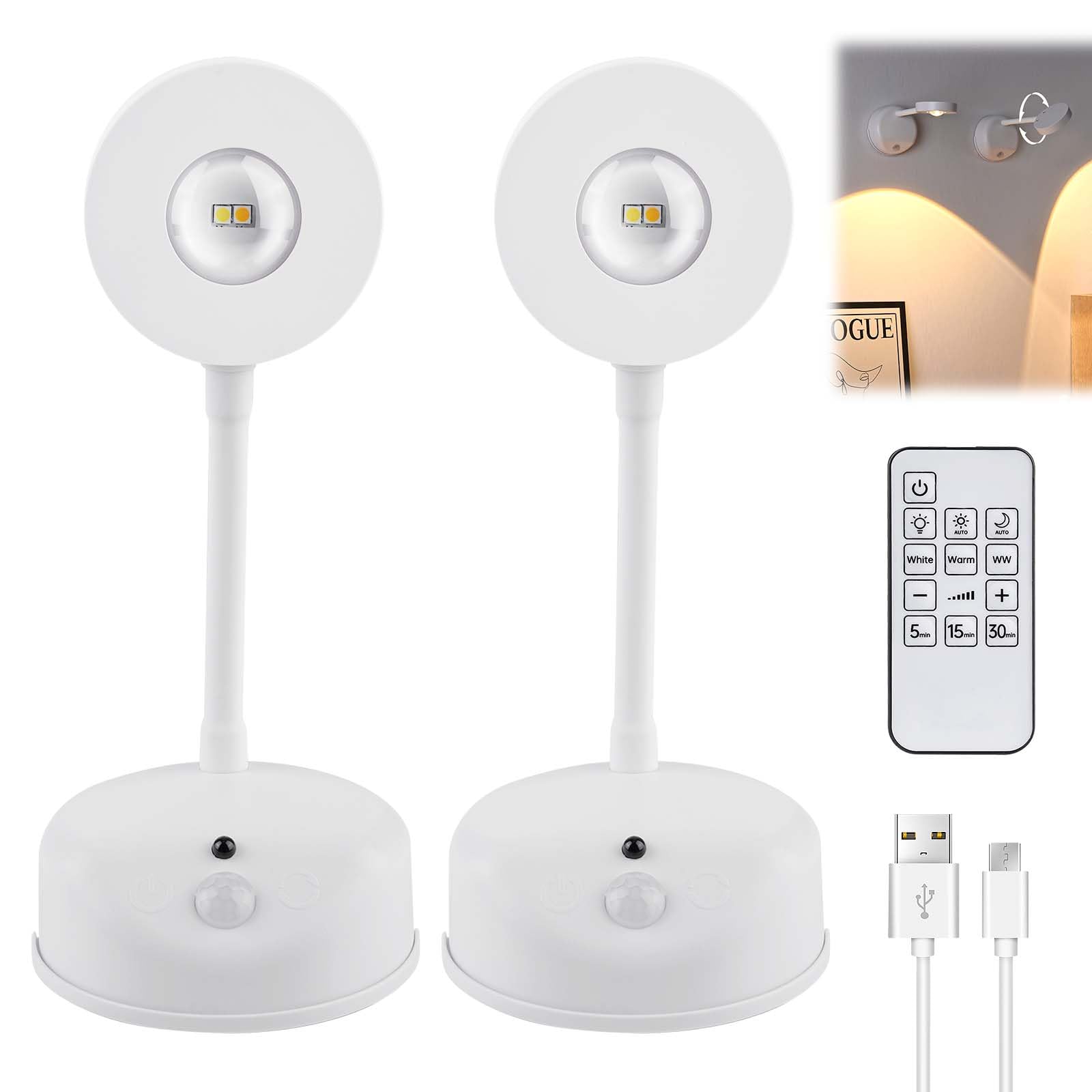 2 Pieces Wall Lamp for Pictures, Wireless Wall Lamps with Remote Control, Wireless Wall Sconce with 3 Lighting Modes, Wireless Wall Lights, Wireless Wall Sconce