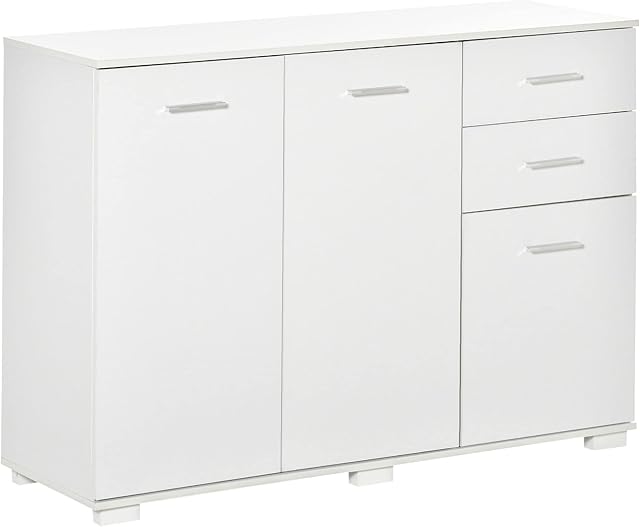 HOMCOM Modern Storage Cabinet Home Organisation Aluminium Handles 2 Cabinet 2 Drawer w/ 6 Feet White