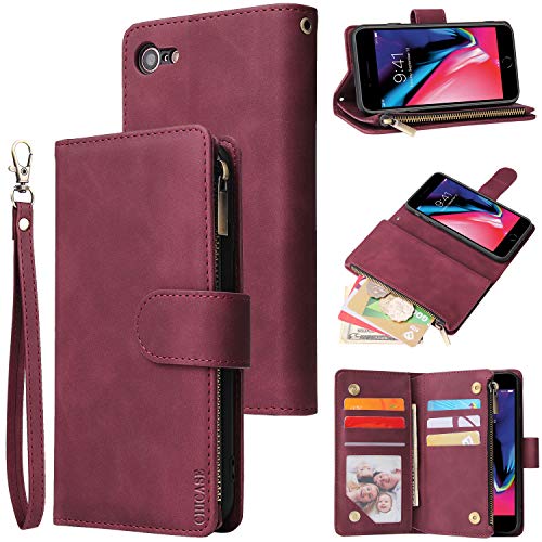 CHICASE Wallet Case for iPhone SE 2020,iPhone 7/8 Case,Leather Handbag Zipper Pocket Card Holder Slots Wrist Strap Flip Protective Phone Cover for Apple iPhone 7/8/iPhone SE 2020(Wine Red)